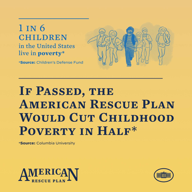 Plakat zur Unterstützung des American Rescue Plan zur Verringerung von Kinderarmut in den Vereinigten Staaten, mit Text und einem Bild einer vielfältigen Gruppe von Menschen.