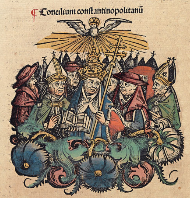 Eine illuminierte Handschrift, die eine Gruppe von gekrönten Individuen zeigt, die Bücher halten und von blühenden Blumen und dekorativem Text umgeben sind, alles in einer feierlichen Stimmung.