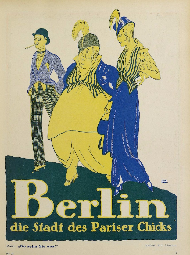 Plakat für ein Konzert in Berlin, Deutschland, das eine Gruppe von Menschen in bunter Kleidung vor einem Gebäude mit der Aufschrift "Berlin - Die Stadt des Pariser Chicks" oben zeigt.