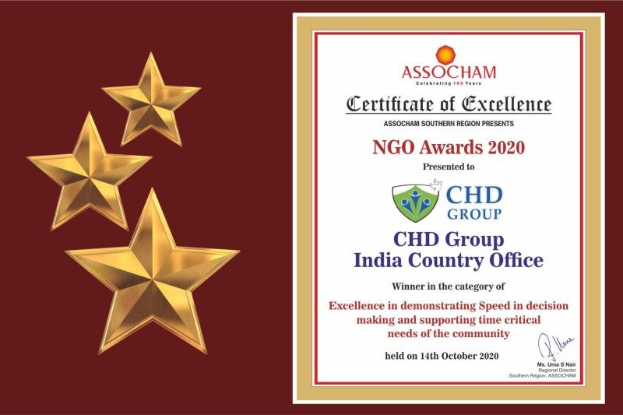 Auszeichnung für excellence für die NGO Awards 2020 an Chd Group India Country Office verliehen, mit einem Schild-Logo mit einem zentralen Stern und einem Lorbeerkranz.