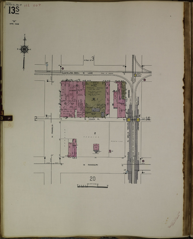 Offenes Buch mit einer detaillierten Stadtkarten-Illustration auf einer Seite und dichtem Text und Plänen auf der anderen.