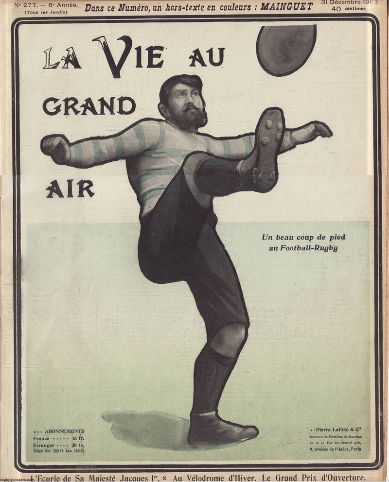 Schwarz-weiß-Zeichnung einer Person in Fußballkleidung, die einen Fußball tritt, mit der Aufschrift 'Fußball' auf der Seite.