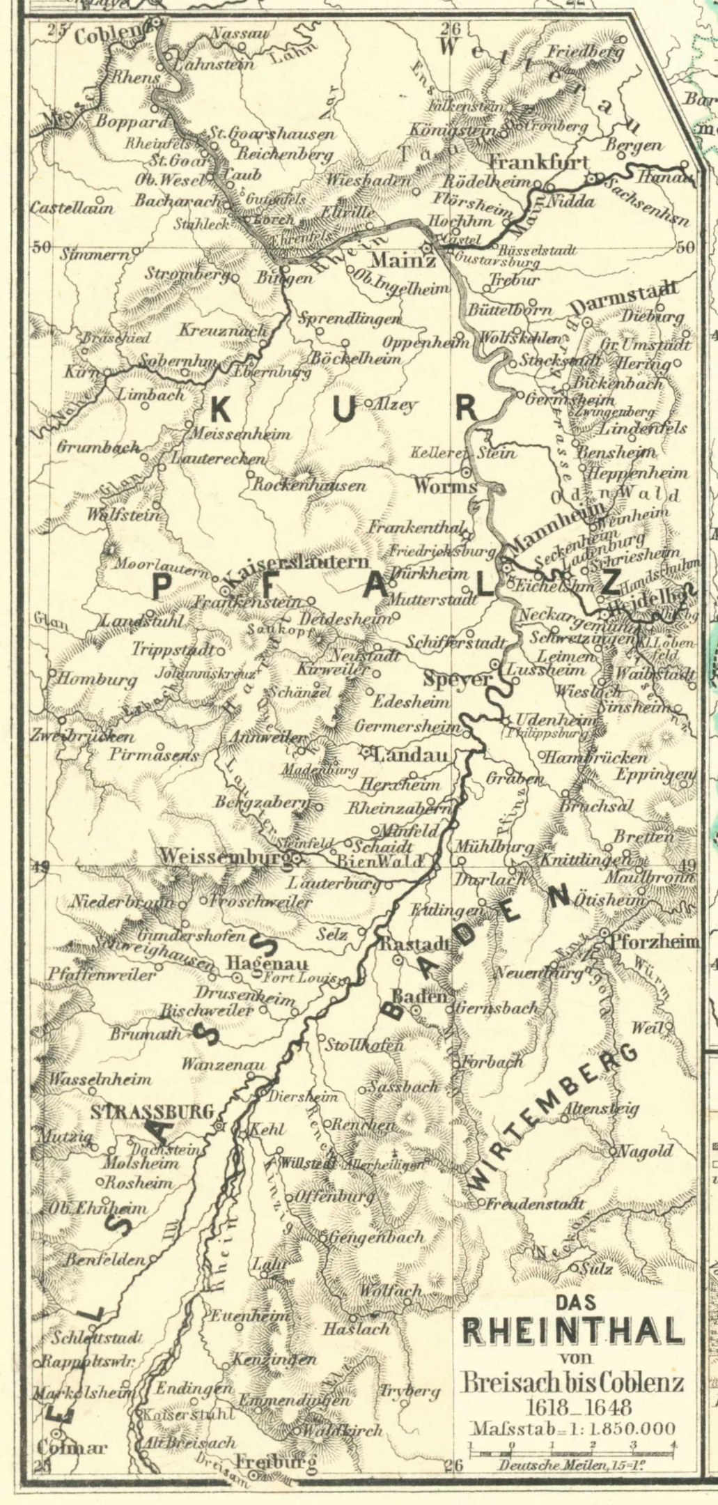 Ein detailliertes altes Kartenbild des Rheins in Deutschland, das Flüsse, Städte und geografische Merkmale zeigt, mit Text oben und unten.
