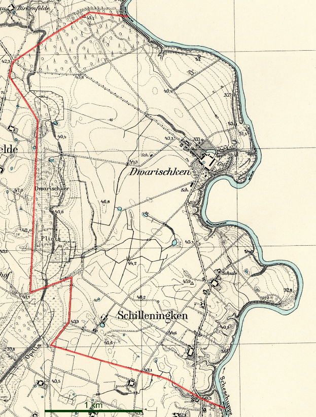 Ein altes Stadtplan von Schillingen, Deutschland, mit einer roten Linie, die die Lage der Stadt markiert, auf Papier gedruckt und detaillierte Informationen über den Bereich enthaltend.