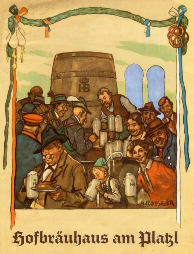 Plakat für ein Bierfest in Deutschland, das eine Gruppe von Menschen zeigt, einige halten Biergläser, mit einem Fass im Hintergrund und deutschem Text unten.