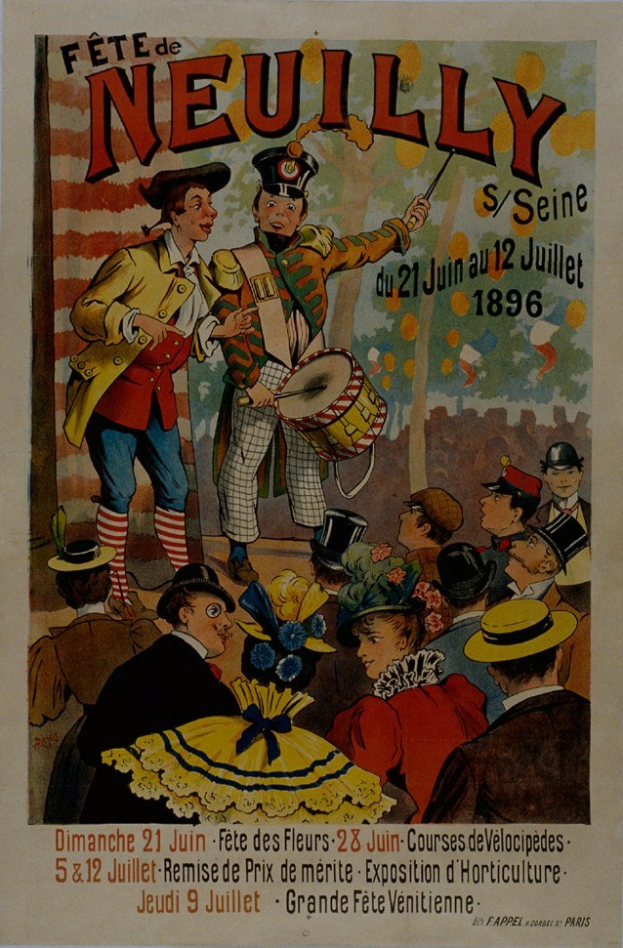 Buntes Plakat für einen Pariser Karneval, das kostümierte Menschen mit Hüten und eine Person mit einem Musikinstrument zeigt, mit Text.