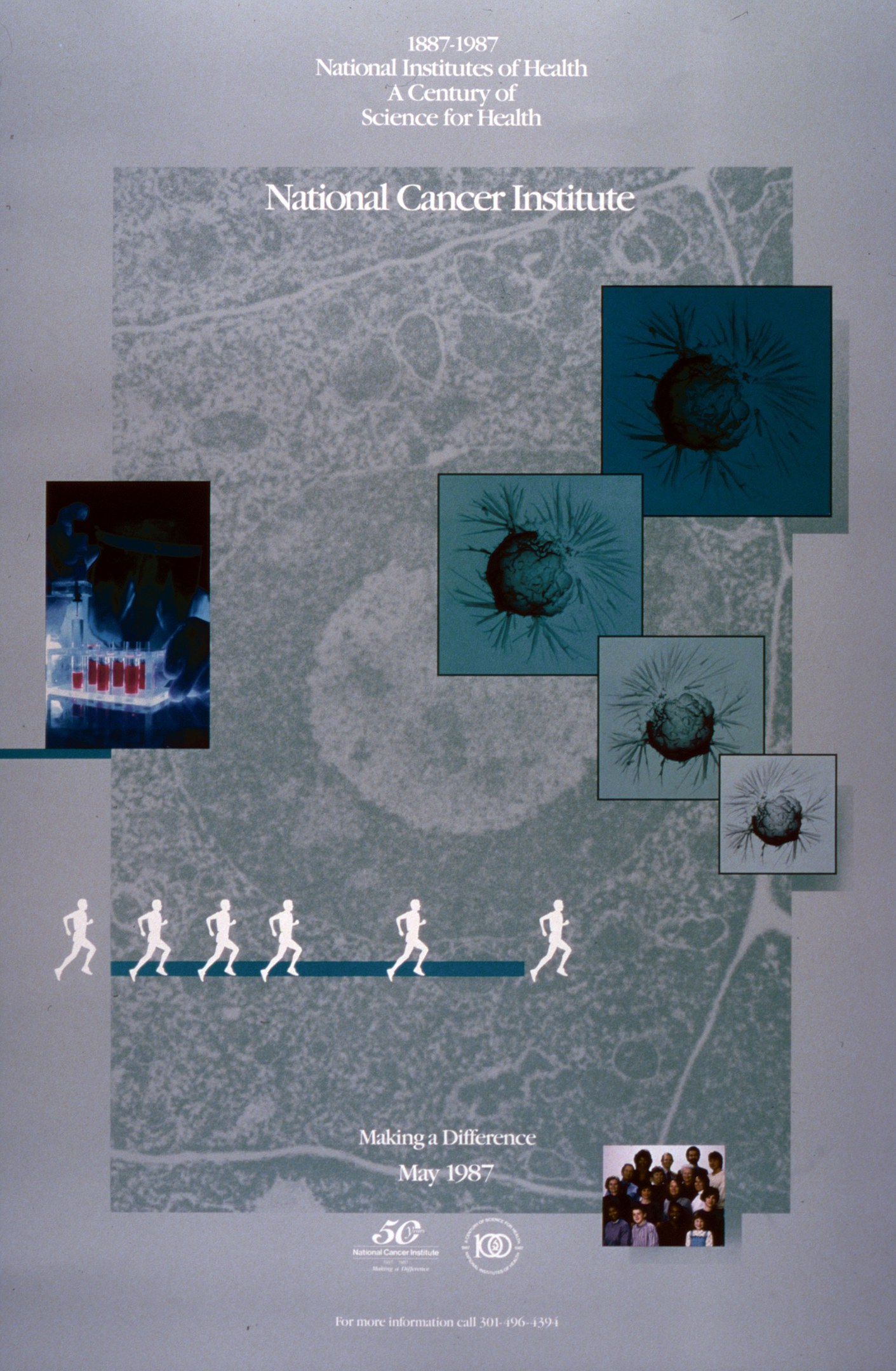 Buntes Plakat für das National Cancer Institute mit einem blauen Hintergrund, fetter weißer Schrift, die "National Cancer Institute" lautet, und einer überlappenden kreisförmigen Anordnung von Menschen verschiedenen Alters, Geschlechts und Ethnien.