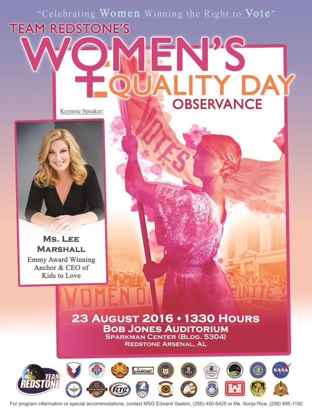 Ein Plakat für den Women's Equality Day von Team Redstone, das eine Frau mit einer 'Women's Equality'-Fahne zeigt, mit Event-Logos und Informationen unten.