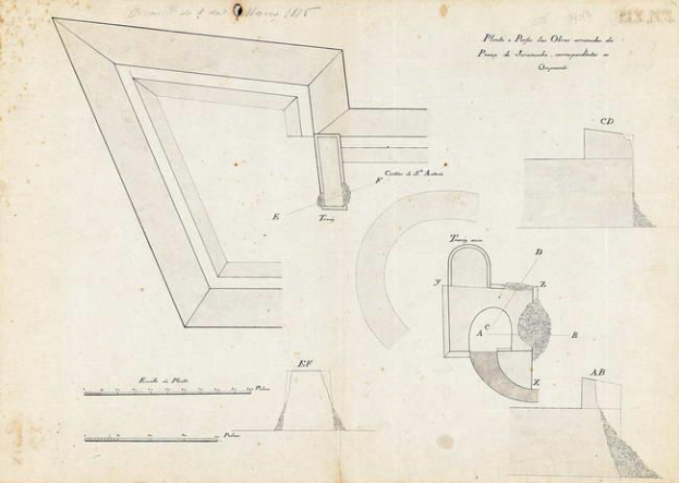 Eine Seite aus einem Buch mit einem detaillierten architektonischen Plan einer Opernhausecke mit einem Loch aus dem Jahr 1845, begleitet von Text und Zeichnungen.