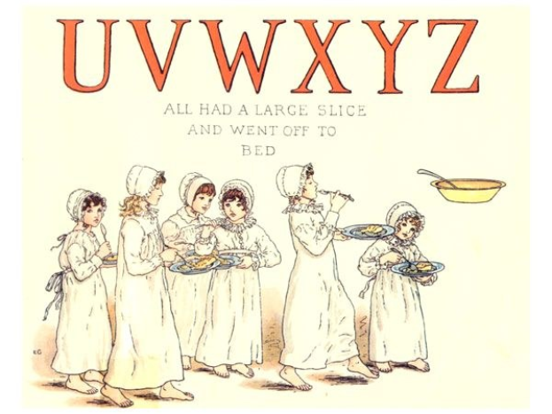 Eine Gruppe von Menschen mit Tellern, Schüsseln und Löffeln, mit Text oben: "Uwxyz - Alle hatten ein großes Stück und gingen schlafen."