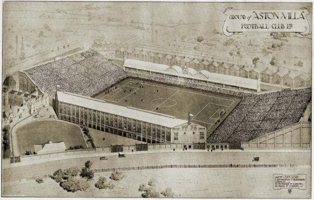 Schwarze und weiße Illustration des historischen Stadions von Aston Villa Football Club mit Gebäuden, Bäumen und Text am Rand, mit saftig grünem Rasen und Zuschauern in den Rängen.