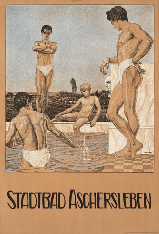 Plakat für ein Schwimmbad in Aschersleben, Deutschland, das Menschen im Wasser zeigt, wobei einer sitzt und Text über die Annehmlichkeiten des Bades.