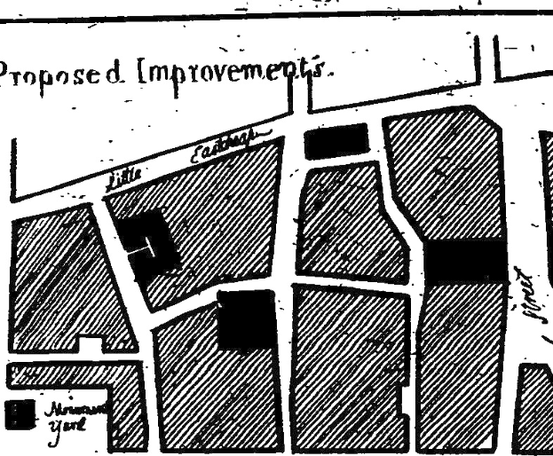 Ein Schwarz-Weiß-Zeichnung einer Stadtkarte mit der Beschriftung "Vorgeschlagene Verbesserungen", die Straßen, Gebäude und Sehenswürdigkeiten zeigt.