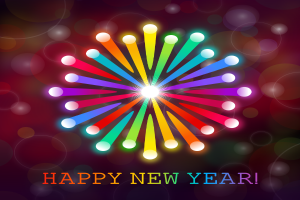 Ein farbenfrohes Feuerwerk mit den Worten "Frohes neues Jahr" in großen, bunten Buchstaben auf einem vielseitig bunten Hintergrund, angeordnet in einem symmetrischen Muster.