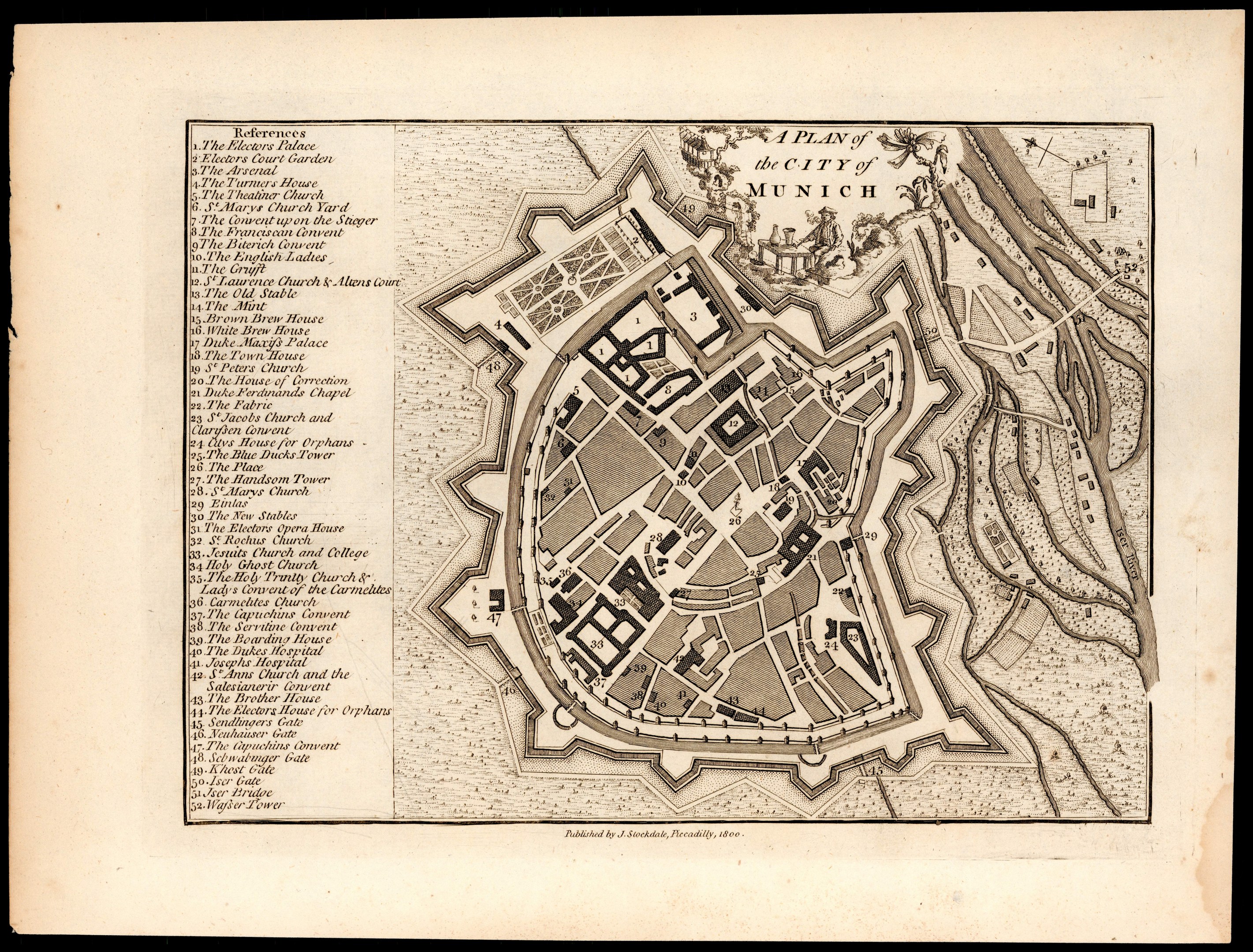 Ein detaillierter alter Stadtplan von München, Deutschland, mit Straßen, Gebäuden und Sehenswürdigkeiten auf einem schwarzen Hintergrund, begleitet von Textbeschriftungen.