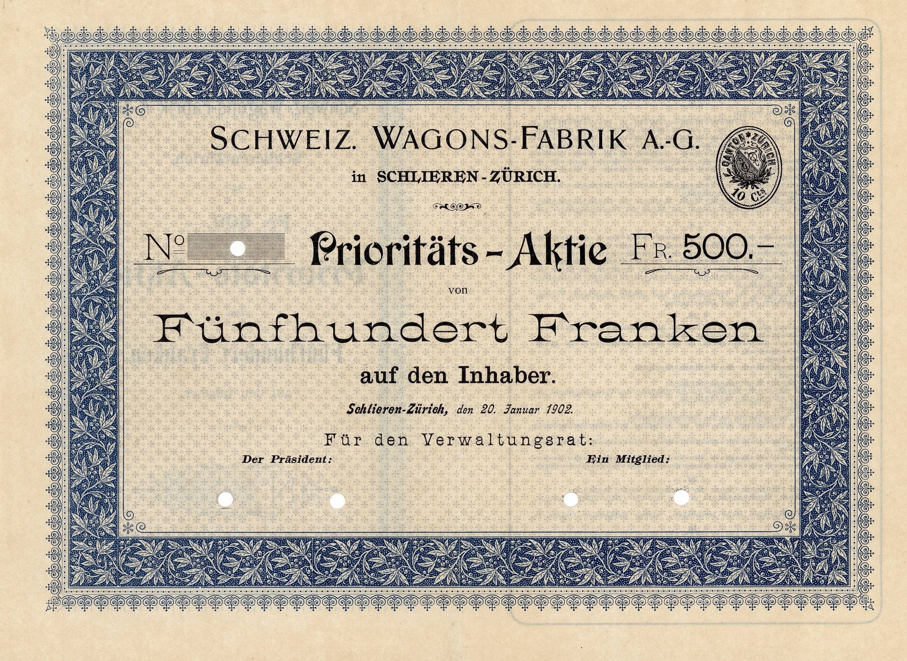 Alte deutsche Aktienurkunde mit blauem Rand, Text auf Deutsch: "Schweiz Wagons-Fabrik A.G."