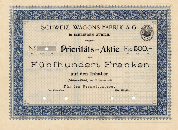 Alte deutsche Aktienurkunde mit blauem Rand, Text auf Deutsch: "Schweiz Wagons-Fabrik A.G."
