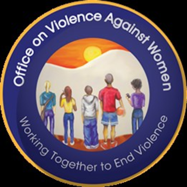 Logo für das Bureau zur Bekämpfung von Gewalt gegen Frauen mit fettem schwarzem Text und einer vielseitigen Gruppe von Menschen, die in einem Kreis mit verschränkten Armen vor einem hellgelben Sonnenhintergrund stehen.