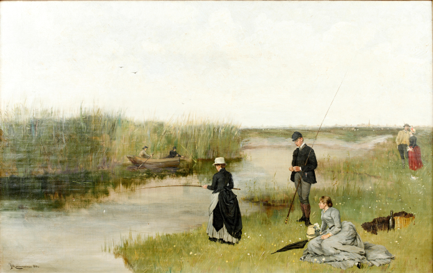 Ein gerahmtes Bild, das eine Gruppe von Menschen zeigt, die am Ufer eines Flusses angeln, mit einem Boot im Hintergrund und einem klaren Himmel darüber.