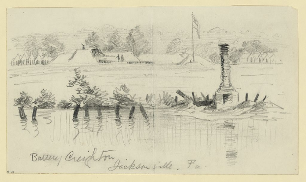 Eine Zeichnung von Battery Creek in Jacksonville, PA, die einen See mit einem Leuchtturm im Hintergrund zeigt, umgeben von Bäumen und Häusern.