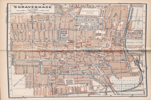 Ein detaillierter alter Stadtplan von Gravenhage, Deutschland, der Straßen, Gebäude und Sehenswürdigkeiten zeigt, mit Text oben und unten auf dem Papier.