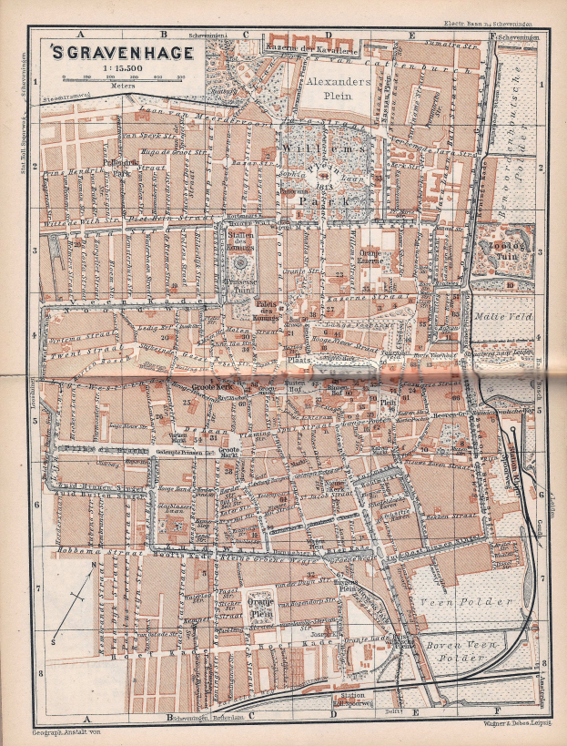 Ein detaillierter alter Stadtplan von Gravenhage, Deutschland, der Straßen, Gebäude und Sehenswürdigkeiten zeigt, mit Text oben und unten auf dem Papier.
