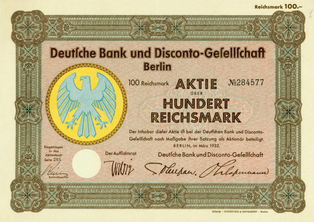 Alte deutsche Banknote mit einer Vogeldarstellung und der Beschriftung "Deutsche Bank und Disconto-Gesellschaft Berlin".