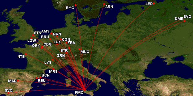 Eine Europakarte mit einer roten Linie, die den Flugweg von London nach London zeigt, einschließlich Textdetails zur Reise.