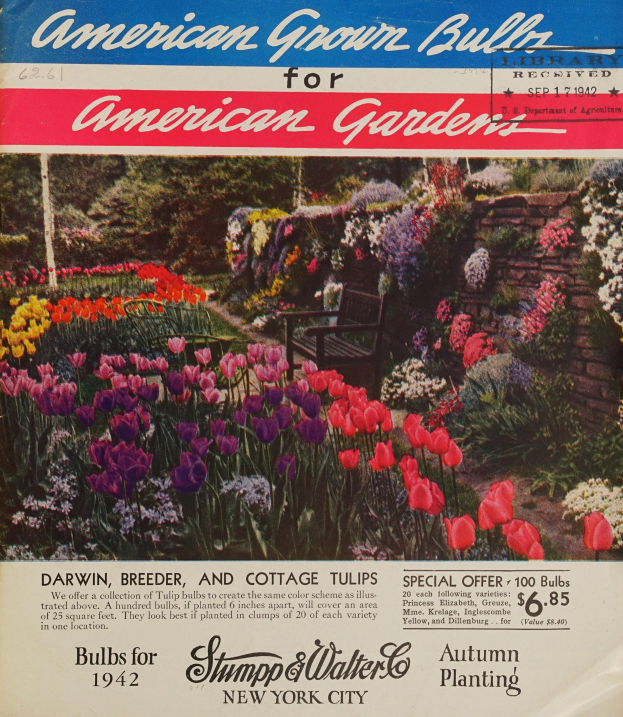 Ein Buch mit einem Coverbild eines Gartens mit farbenfrohen Tulpen, einer Bank, einer Wand und Bäumen, betitelt mit "American Grown Bulbs for American Gardens".