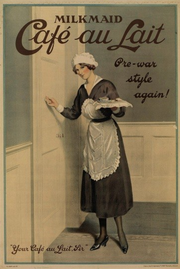 Anzeige für ein Milchmädchen-Café mit einer Frau, die ein Tablett mit einer Tasse und einem Unterteller hält, begleitet von Text, der die Angebote des Cafés beschreibt.