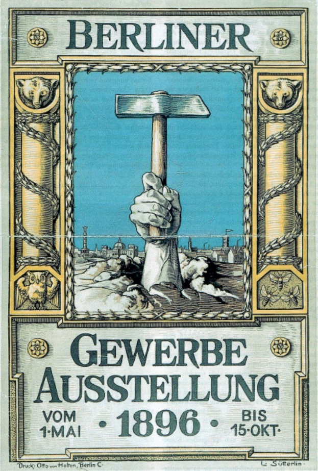 Plakat von der Berliner Gewerbeausstellung 1896 mit einer Hand, die einen Hammer hält, wahrscheinlich für ein Berliner Ereignis.