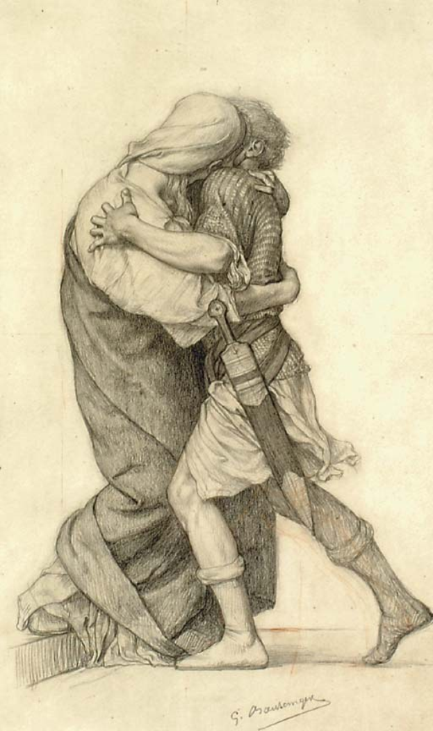 Eine Zeichnung eines Mannes und einer Frau, die sich leidenschaftlich küssen, wobei der Mann ein Schwert hält, und Text unten.