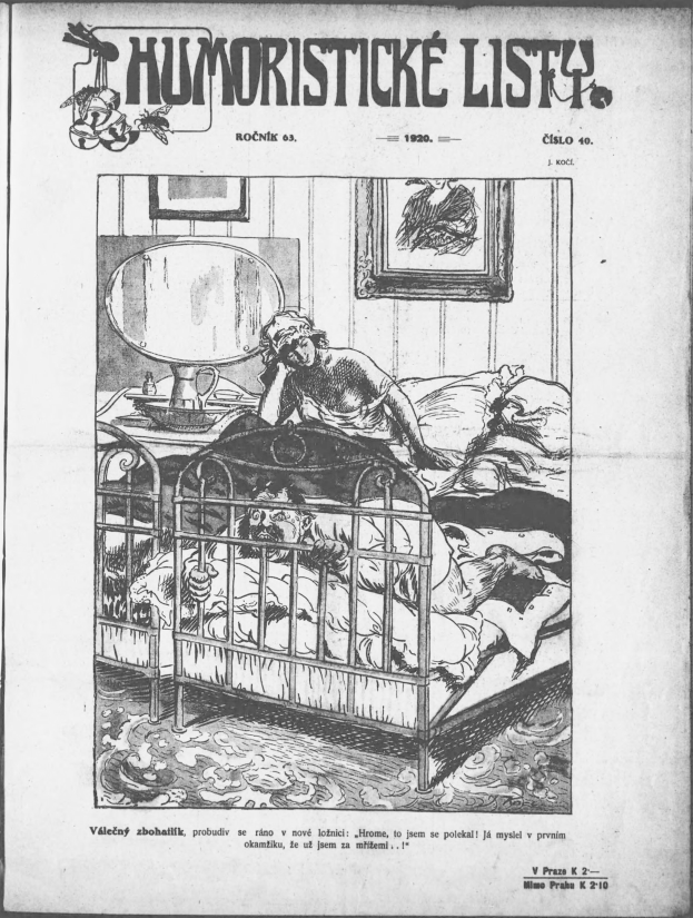 Schwarze und weiße Illustration einer Person, die auf einem Bett liegt, mit einem Spiegel auf einem nahen Tisch und einem gerahmten Objekt an der Wand, begleitet von Text, der oben und unten "humoristicke list - czechoslovakia - april 20, 1920" lautet.