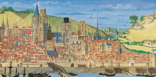 Gemälde einer Stadtansicht von Köln, Deutschland, mit Booten auf dem Wasser, einer Brücke, Gebäuden, Bäumen, Hügeln und einem bewölkten Himmel.