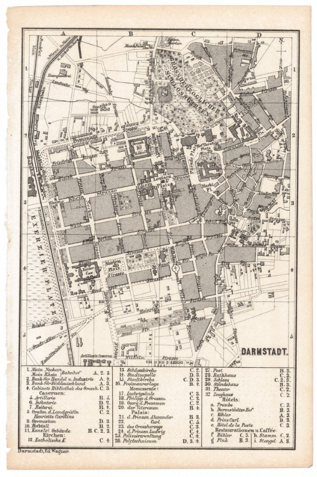 Alte detaillierte Karte von Darmstadt, Deutschland, die Straßen, Gebäude, Sehenswürdigkeiten und textuelle Informationen einschließlich Straßennamen und Entfernungen anzeigt.