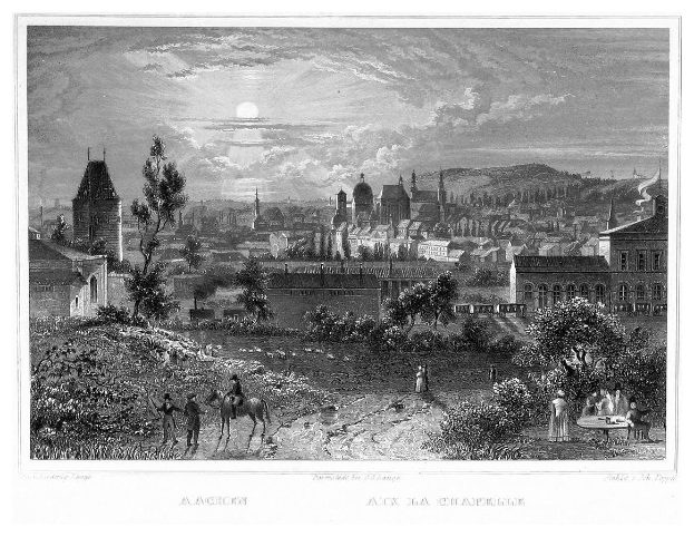 Eine Schwarz-Weiß-Radierung einer Stadtlandschaft mit Vollmond im Hintergrund, die Bäume, Pflanzen, Menschen und Gebäude zeigt, mit dem Text "Aachen, die Hauptstadt Deutschlands" unten.