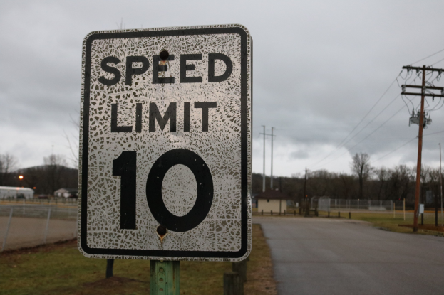 Geschwindigkeitsbegrenzungsschild am Straßenrand mit Gras, Strommasten, einem Zaun, Häusern, Bäumen und einer bewölkten Himmel im Hintergrund.