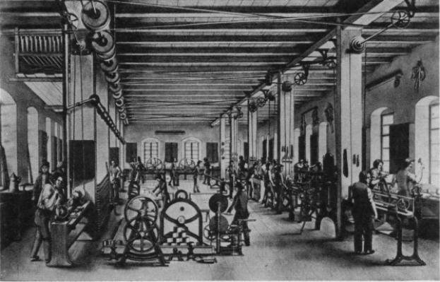 Eine Schwarz-Weiß-Zeichnung einer Fabrik mit Arbeitern, die Maschinen bedienen, mit Säulen, Fenstern und einer Decke, mit dem Text "Die Geschichte der Textilindustrie" unten.