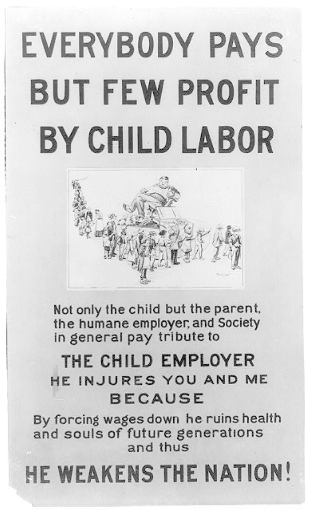 Schwarzes und weißes Plakat mit der Aufschrift "Jeder zahlt, aber wenige profitieren von Kinderarbeit" zeigt eine Gruppe von Menschen, die sich gegen Kinderarbeit in den Vereinigten Staaten einsetzt.