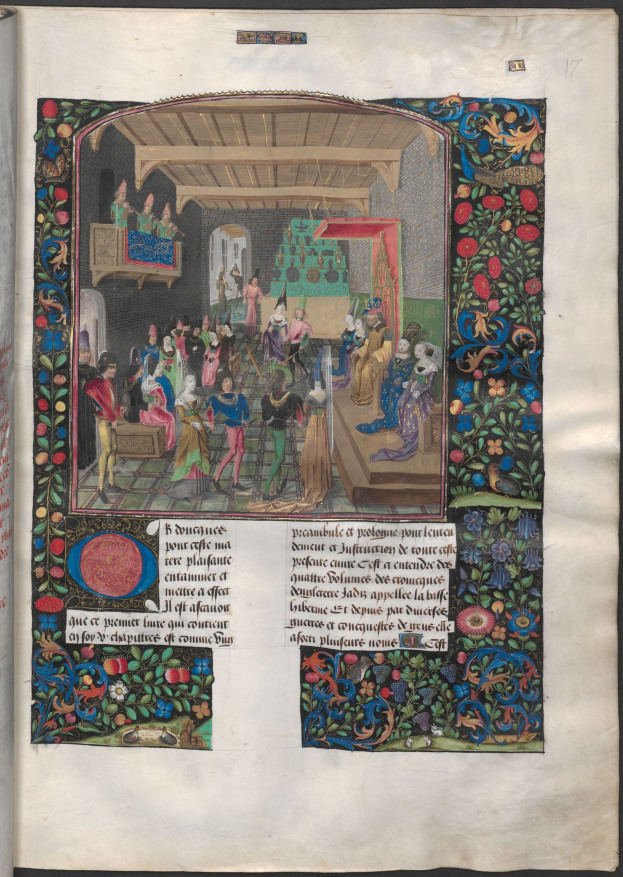 Eine buntfarbene illuminierte Manuskriptseite, die mittelalterliche Figuren in einer lebhaften Diskussion zeigt, mit detaillierten und leuchtenden Schriften.