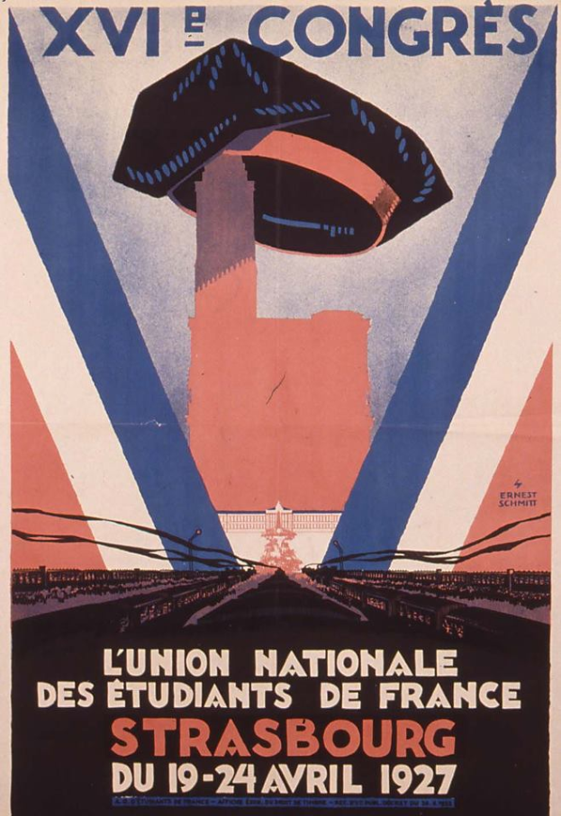 Ein Plakat f%C3%BCr die Union Nationale des %C3%89tudiants de France Strasbourg im Jahr 1927, das ein Geb%C3%A4ude mit Text zeigt.