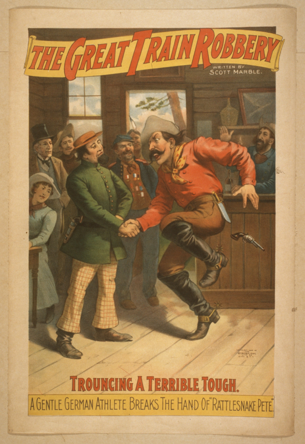 Ein Plakat, das eine Gruppe von Menschen auf einem Boden zeigt, wobei einer eine Waffe hält, mit Text oben und unten, der "Der große Zugraub - Trouching ein schreckliches Tough" lautet.