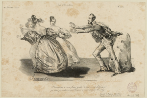 Eine Zeichnung von drei tanzenden Menschen auf einer Bühne: ein Mann in einem langen, wallenden Kleid mit hohem Kragen und langen Ärmeln und zwei Frauen in langen, hellen Kleidern mit detaillierten Verzierungen, alle lachend und zu haben scheinend.