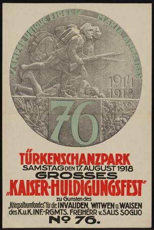 Plakat zum 70-jährigen Jubiläum des Kaiser-Huldigungsfestes in Berlin, Deutschland, mit einer Gruppe von Menschen umgeben von Text und Zahlen in einem gerahmten Design.