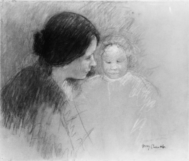 Schwarz-weiß-Zeichnung einer Frau mit Dutt, die ein Baby hält, beide sehen sich sanft an, betitelt mit 'Mutter und Kind'.