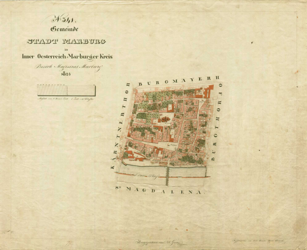 Detailierte alte Stadtplan von Marburg mit Straßen, Gebäuden und Sehenswürdigkeiten mit beschreibendem Text.
