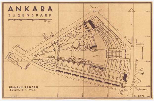 Ein detaillierter alter Plan von Ankara Jugendpark in Berlin, Deutschland, der Straßen, Gebäude und andere Merkmale zeigt, mit zusätzlichem Textinformation.