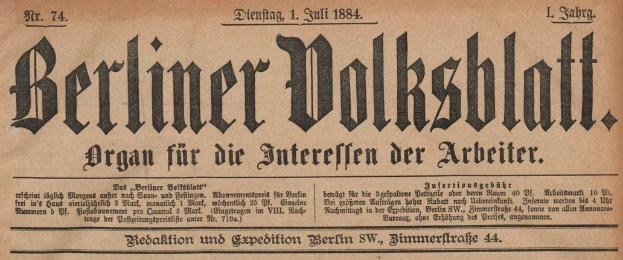 Alte deutsche Zeitung "Berliner Volksblatt" von 1884, gelb und in schwarzer Tinte gedruckt.