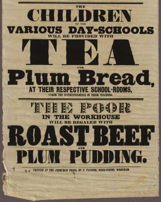 Ein Blatt mit Text, auf dem steht, dass den Kindern verschiedener Tagesschulen Tee, Pflaumenbrot, Rindfleisch und Pflaumenpudding serviert wird.