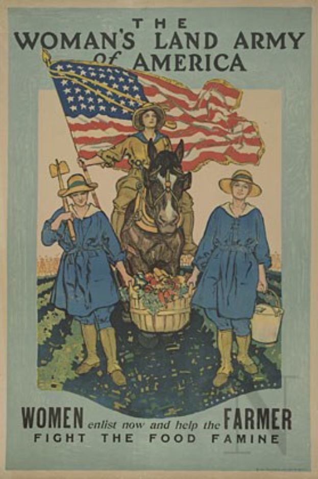 Ein Plakat, das eine Frau auf einem Pferd zeigt, die eine Fahne hält, mit zwei Frauen davor, die je einen Korb mit Lebensmitteln halten und für die Frauenlandarmee kämpfen.